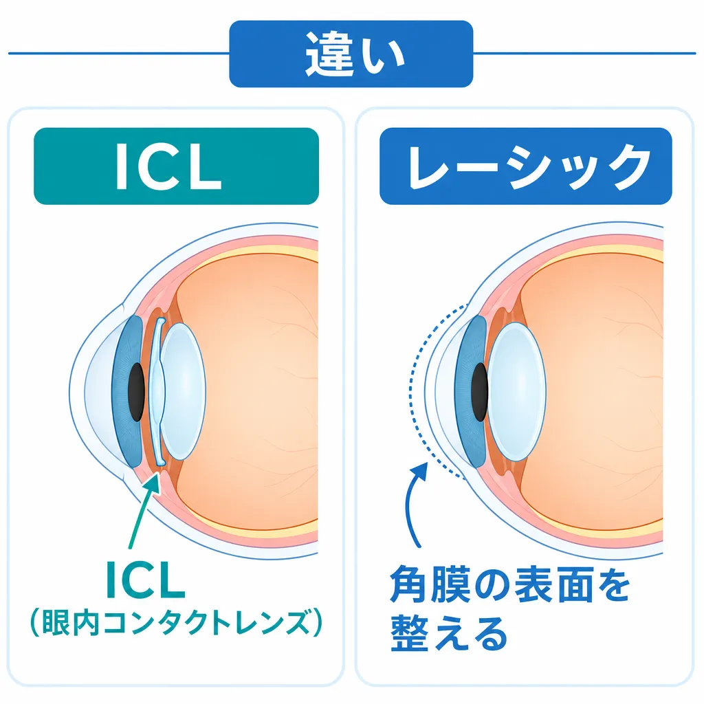 ICLとレーシックの仕組みの違いを示す図解