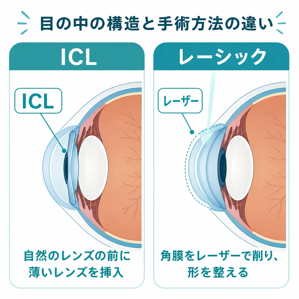 ICLとレーシックの仕組みの違いを示す眼の断面比較図
