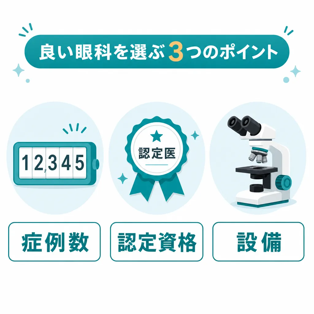 ICLの名医を見極める客観的基準である症例数・認定資格・設備を示す図解