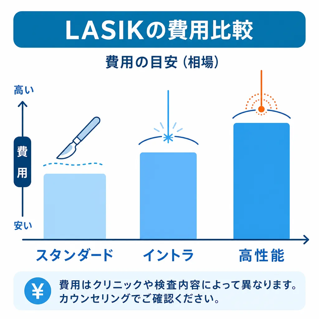 術式別のレーシック費用を比較した棒グラフの図解