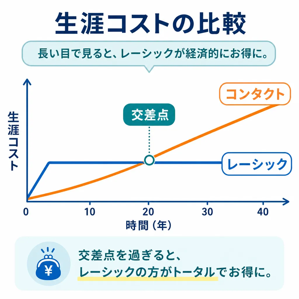 レーシックとコンタクト・メガネの生涯コストを比較した図解