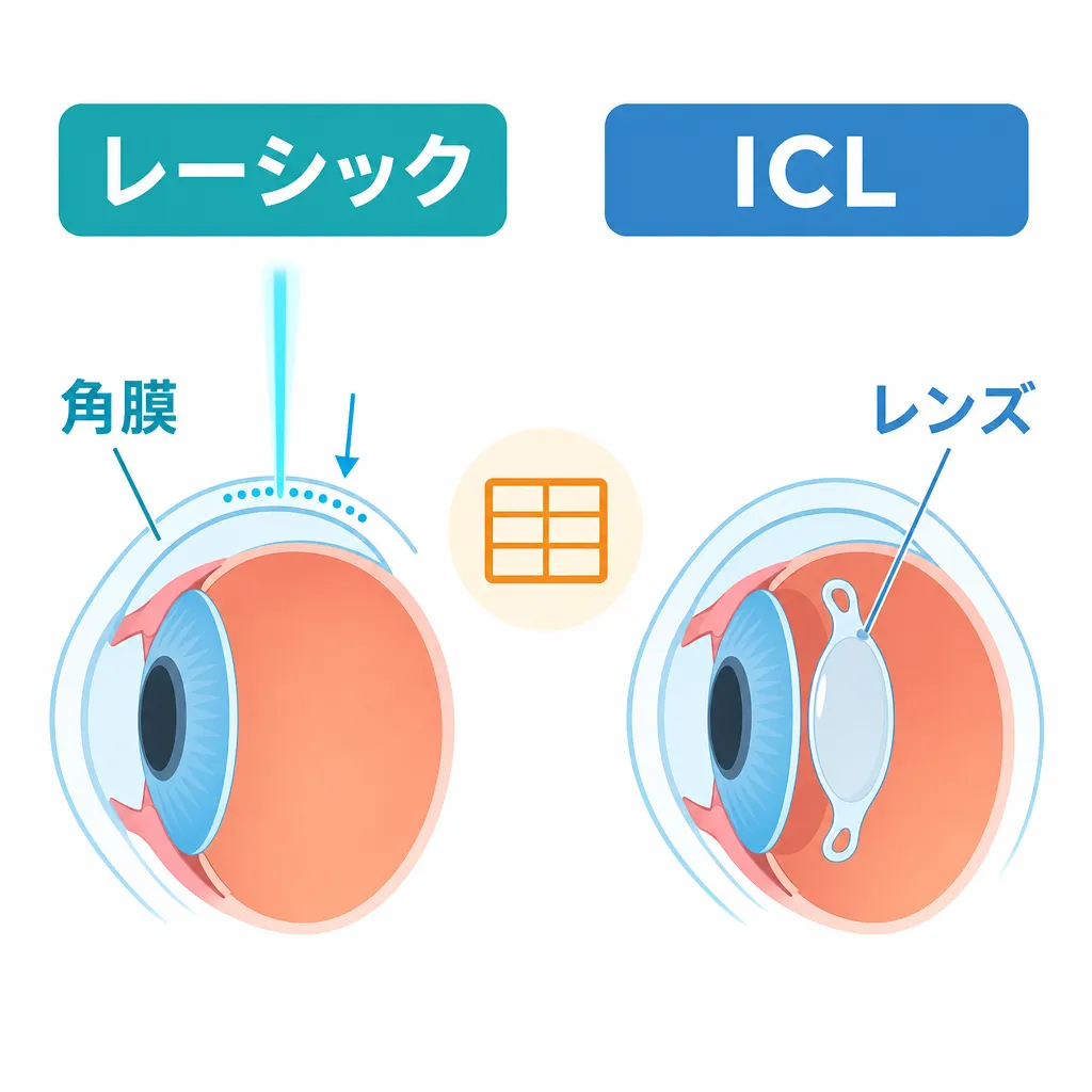 レーシックとICLの仕組みを並べて比較した図解