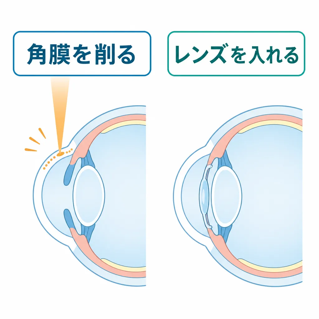 レーシックとICLの仕組みの違いを示す眼の断面図