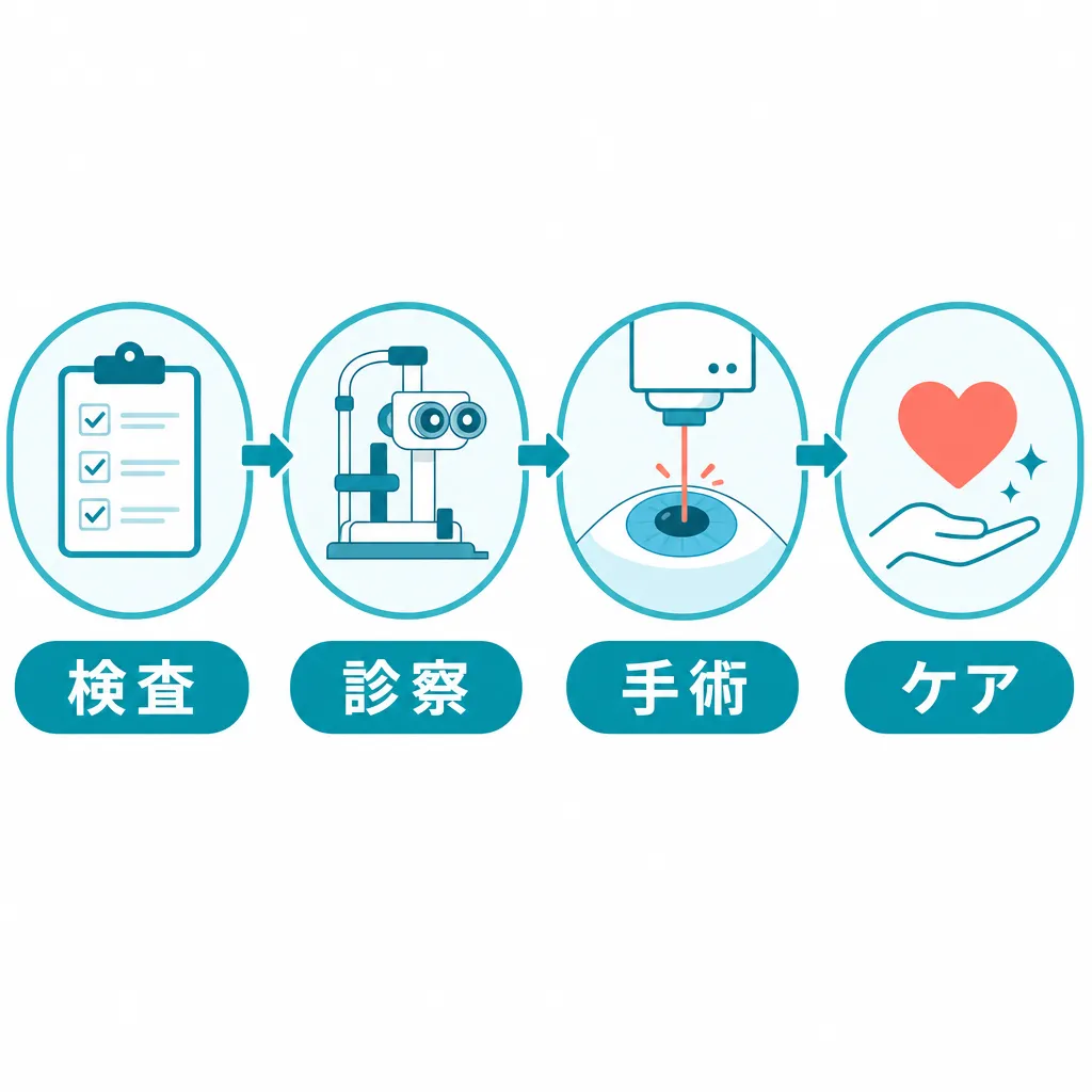 レーシック手術の流れをカウンセリングからアフターケアまで示す図解