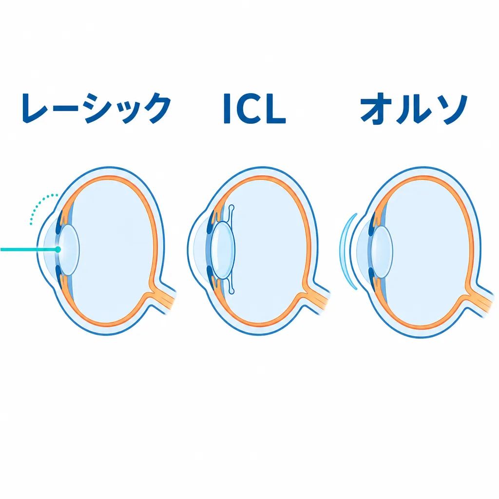 レーシックとICL・オルソケラトロジーを比較する断面図解
