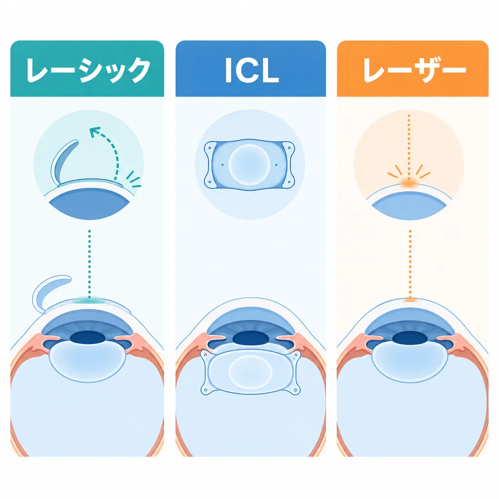 近視治療の主な術式レーシック・ICL・レーザーの違いを比較した図解