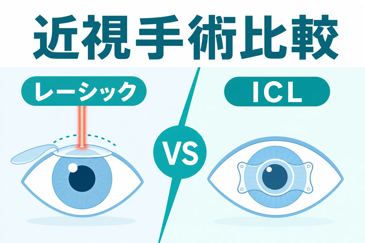 近視矯正手術 種類を比較するアイキャッチ画像。レーシックとICLの違いを示す図解