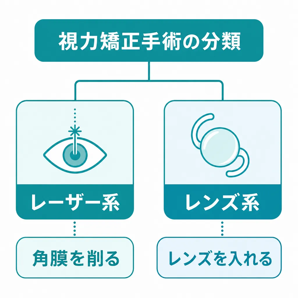 近視矯正手術の種類をレーザー系とレンズ系に分類した全体像の図解