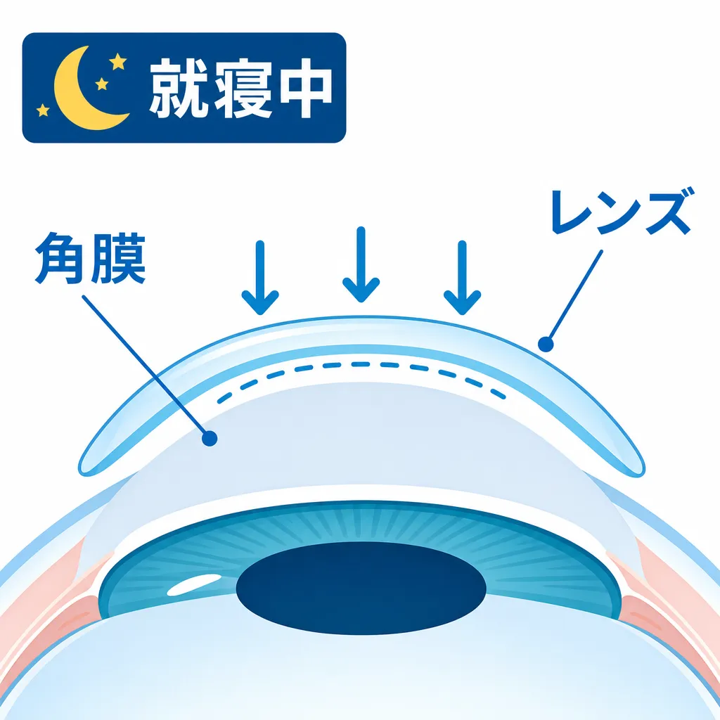 就寝中にレンズで角膜の形を整えるオルソケラトロジーの仕組み図