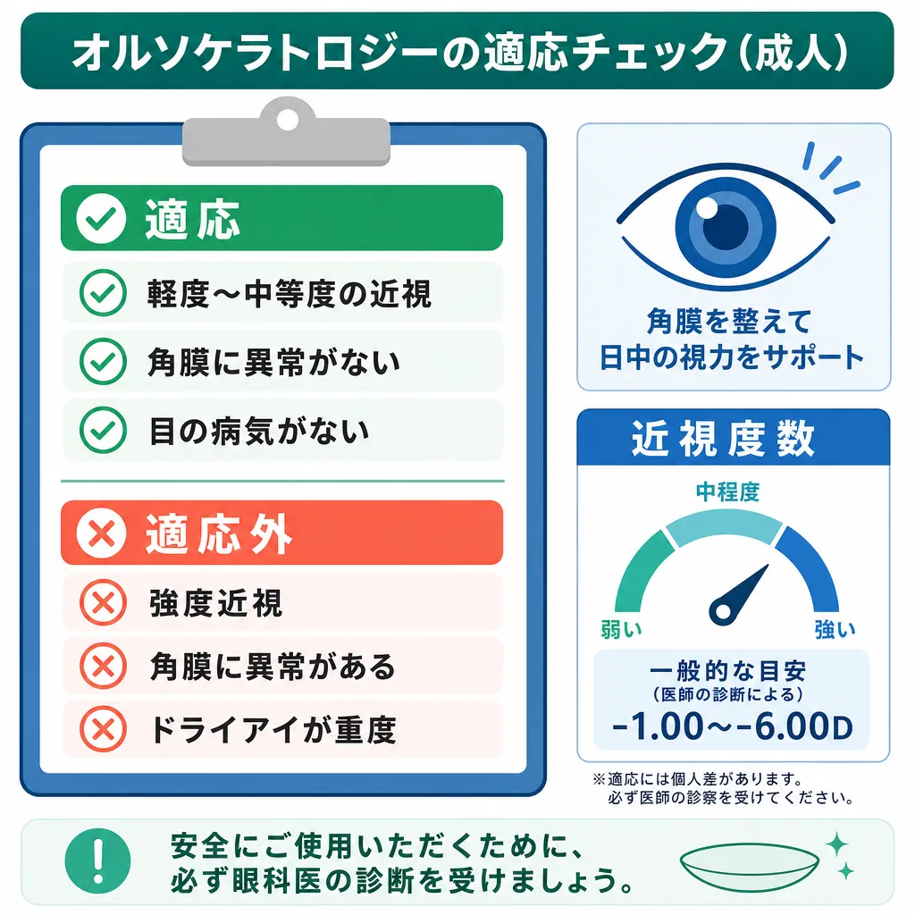 オルソケラトロジーの適応条件と適応外ケースを示すチェックリスト図
