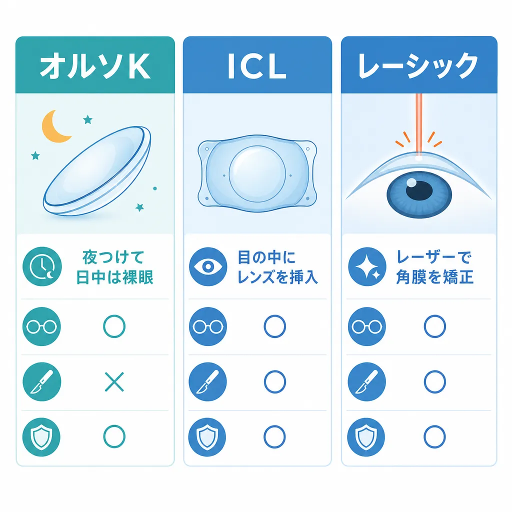 オルソケラトロジーとICL・レーシックを比較した図