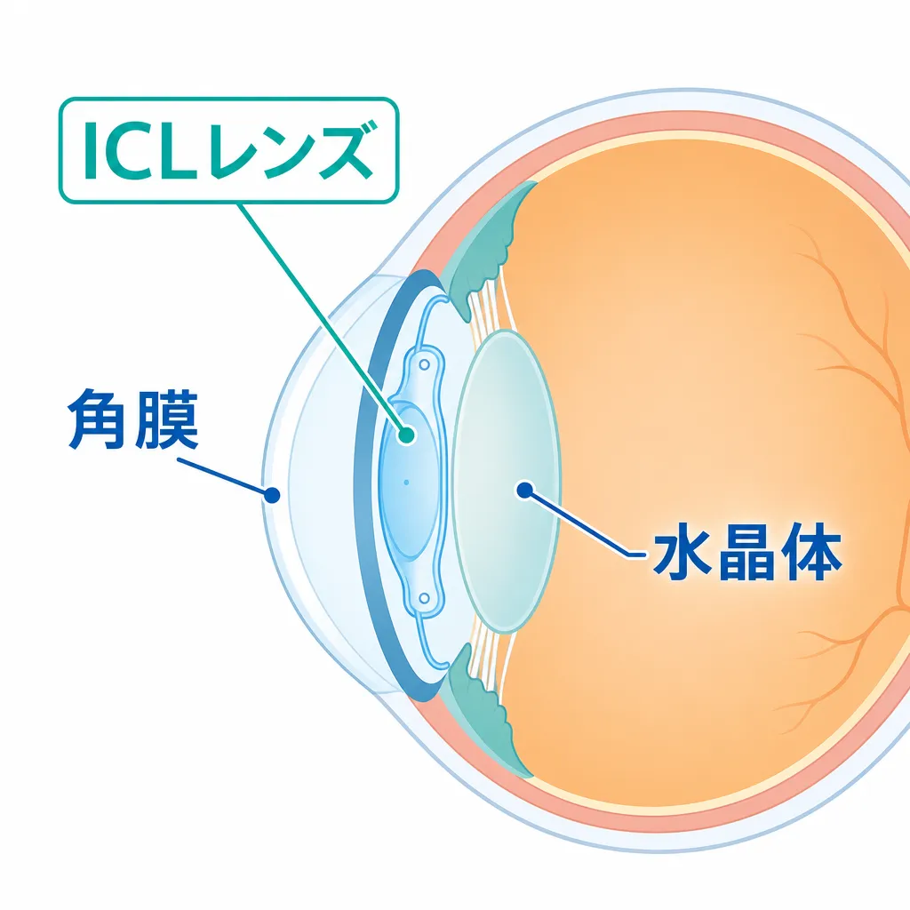 眼の断面図でICLレンズが挿入される位置を示した解説イラスト