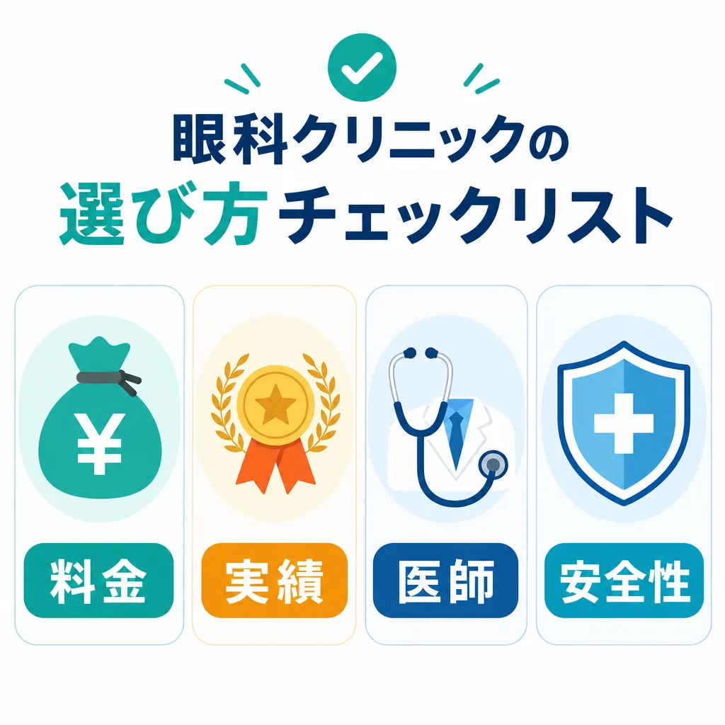 失敗しないICLクリニックの選び方4つのポイントを示した図解