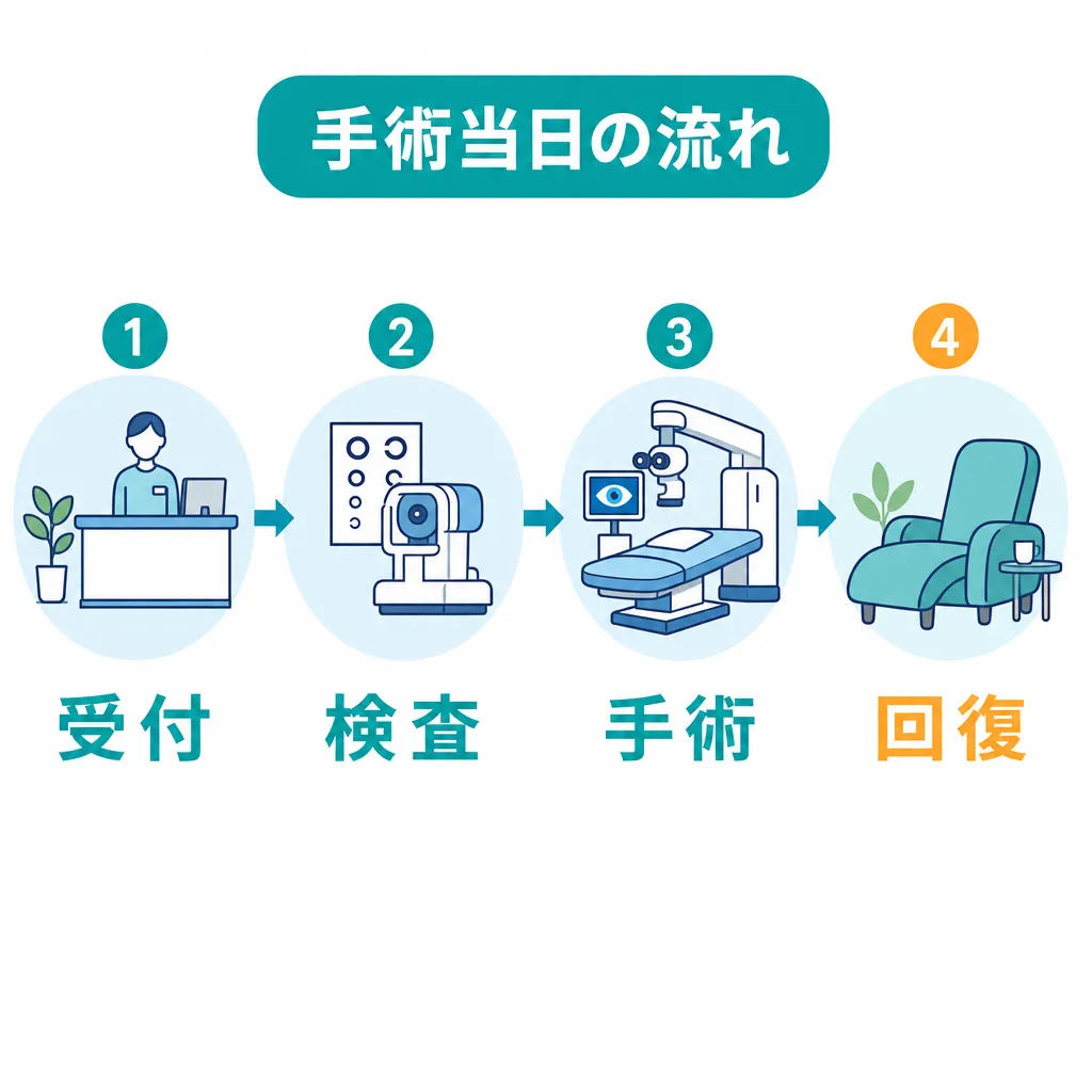 ICL手術当日の流れを受付から回復まで4ステップで示したタイムライン図